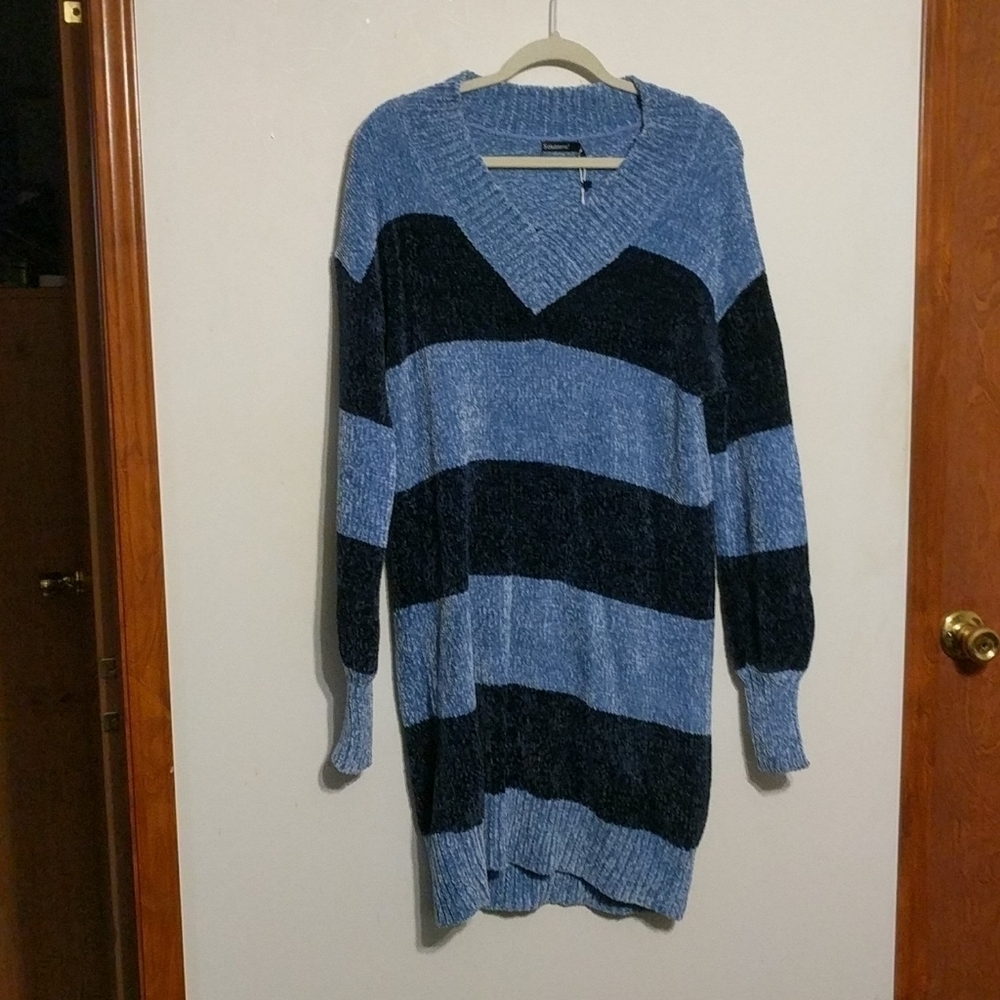 Solutions Blue V Neck Color Block Stripe Chenille Sweater Dress - size S…